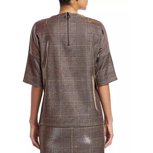 Akris Punto Metallic Lurex Glen Check Top 3/4 Sleeve Plaid Silver Women's 12 - Picture 3 of 9